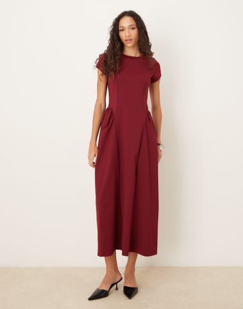 ASOS DESIGN slash neck cap sleeve curve seam detail midi dress in burgundy - view 1