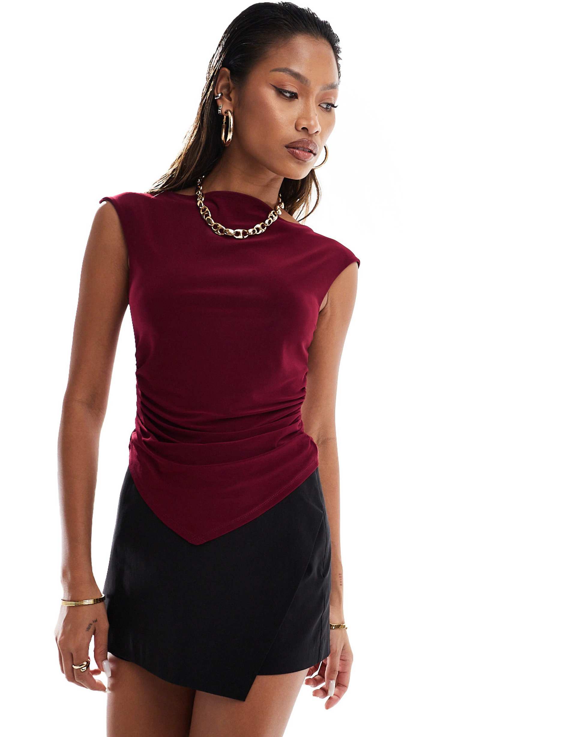 asos design slash neck cap sleeve ruched side top in burgundy