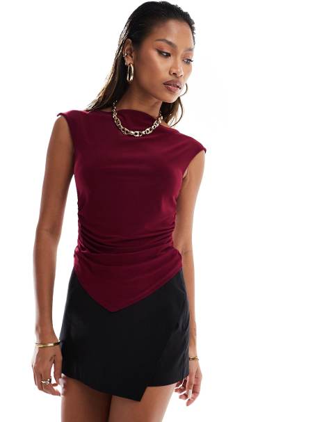 ASOS DESIGN slash neck cap sleeve ruched side top in burgundy 
