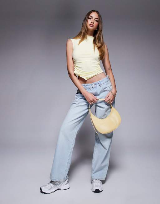 ASOS DESIGN slash neck cap sleeve ruched side top in buttermilk yellow