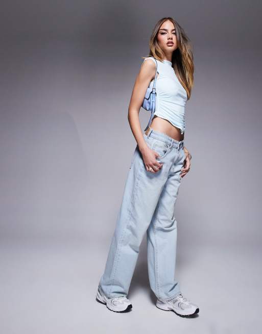 ASOS DESIGN slash neck cap sleeve ruched sides top in pastel blue