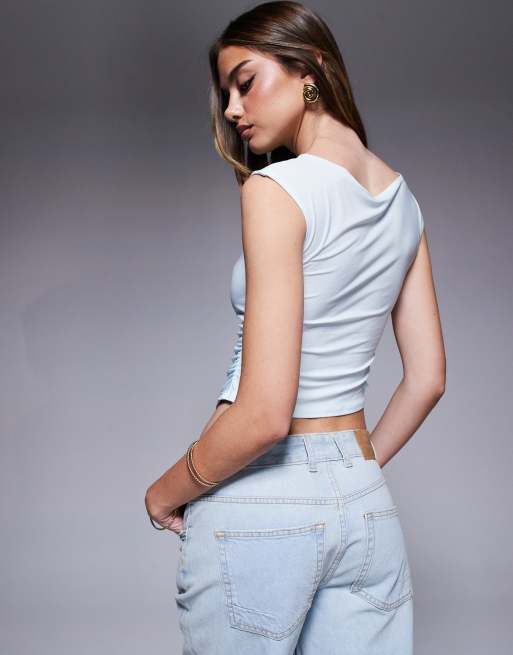 ASOS DESIGN slash neck cap sleeve ruched sides top in pastel blue
