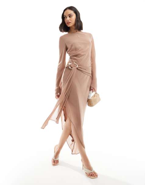 ASOS DESIGN slash neck chiffon asymmetric midi dress with liquid gold belt detail in mink - view 1