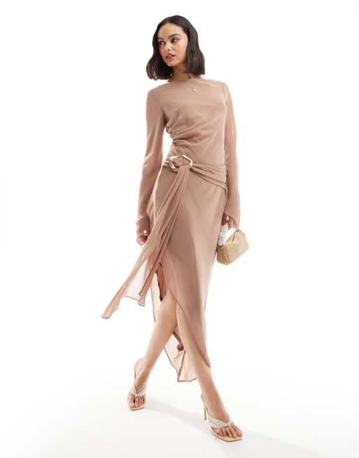  ASOS DESIGN slash neck chiffon asymmetric midi dress with liquid gold belt detail in mink