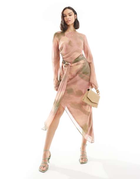 ASOS DESIGN slash neck chiffon asymmetric midi dress with liquid gold belt detail in terracotta