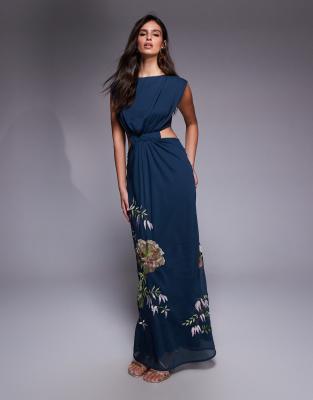 Asos Design Slash Neck Chiffon Embroidered Maxi Dress With Channeled Cut Out Detail In Blue