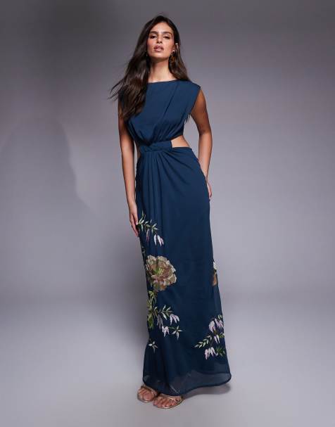 ASOS DESIGN slash neck chiffon embroidered maxi dress with channelled cut out detail in dark blue
