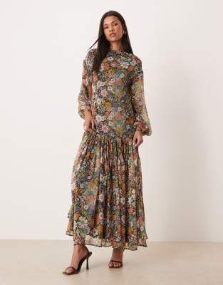 DESIGN - slash neck chiffon godet maxi dress in black based floral