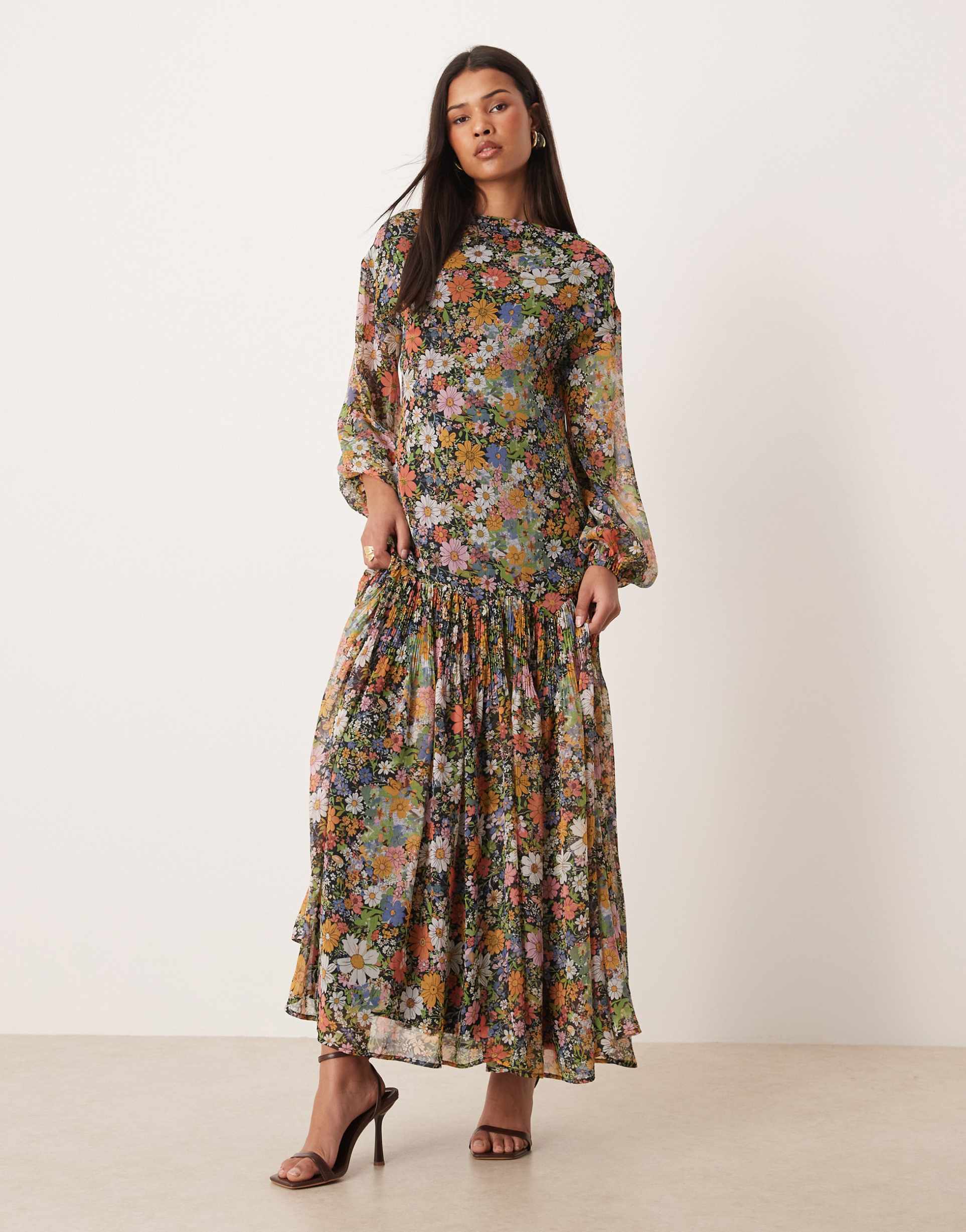 asos design slash neck chiffon godet maxi dress in black based floral