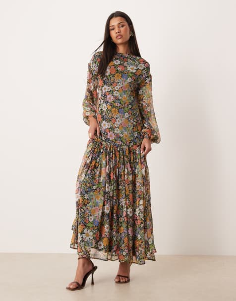 ASOS DESIGN slash neck chiffon godet maxi dress in black based floral