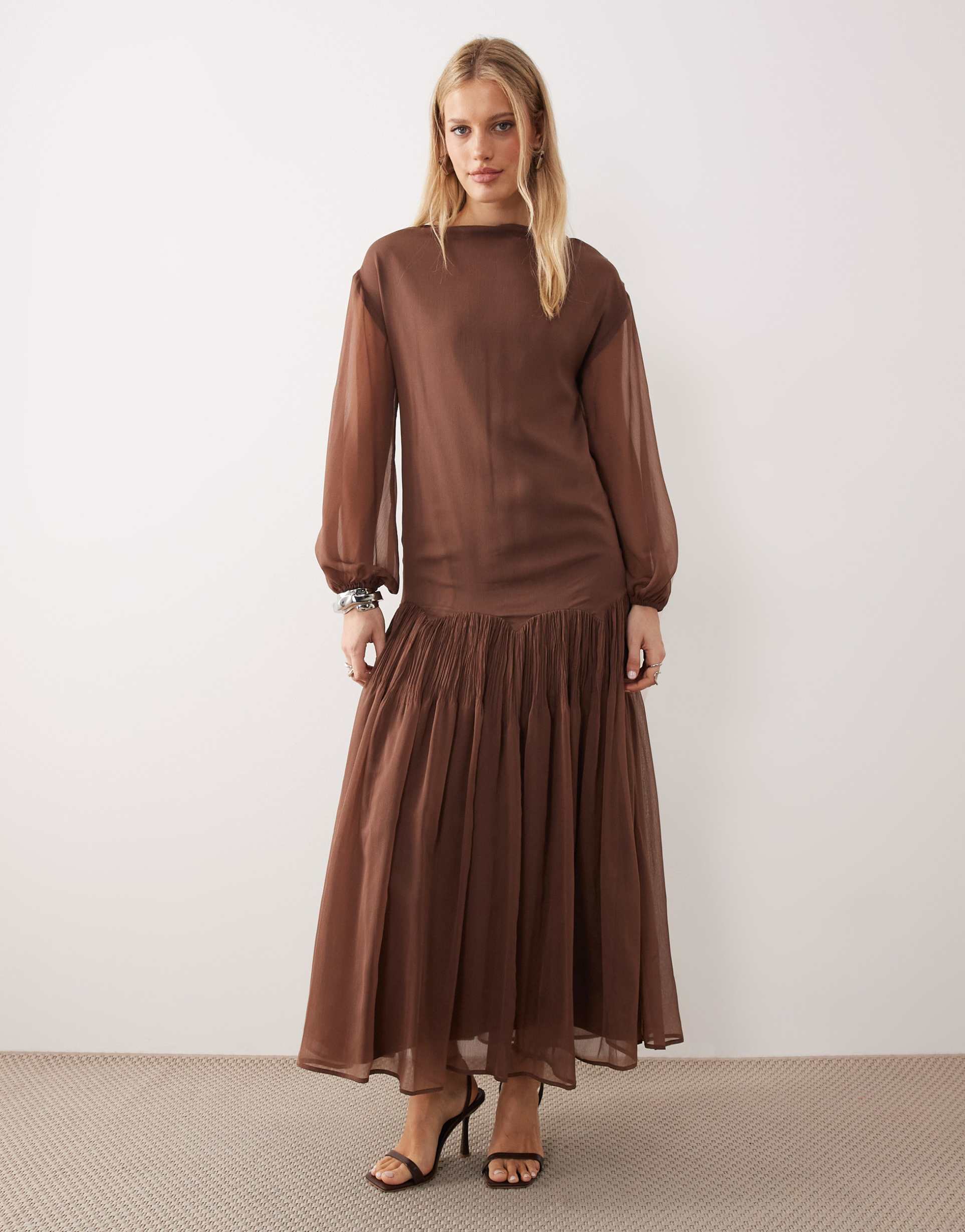 asos design slash neck chiffon godet maxi dress in chocolate