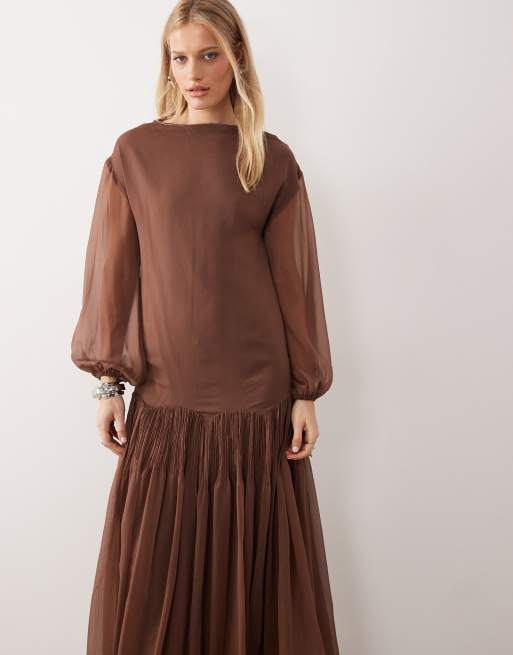 ASOS DESIGN slash neck chiffon godet maxi dress in chocolate, 2 of 4