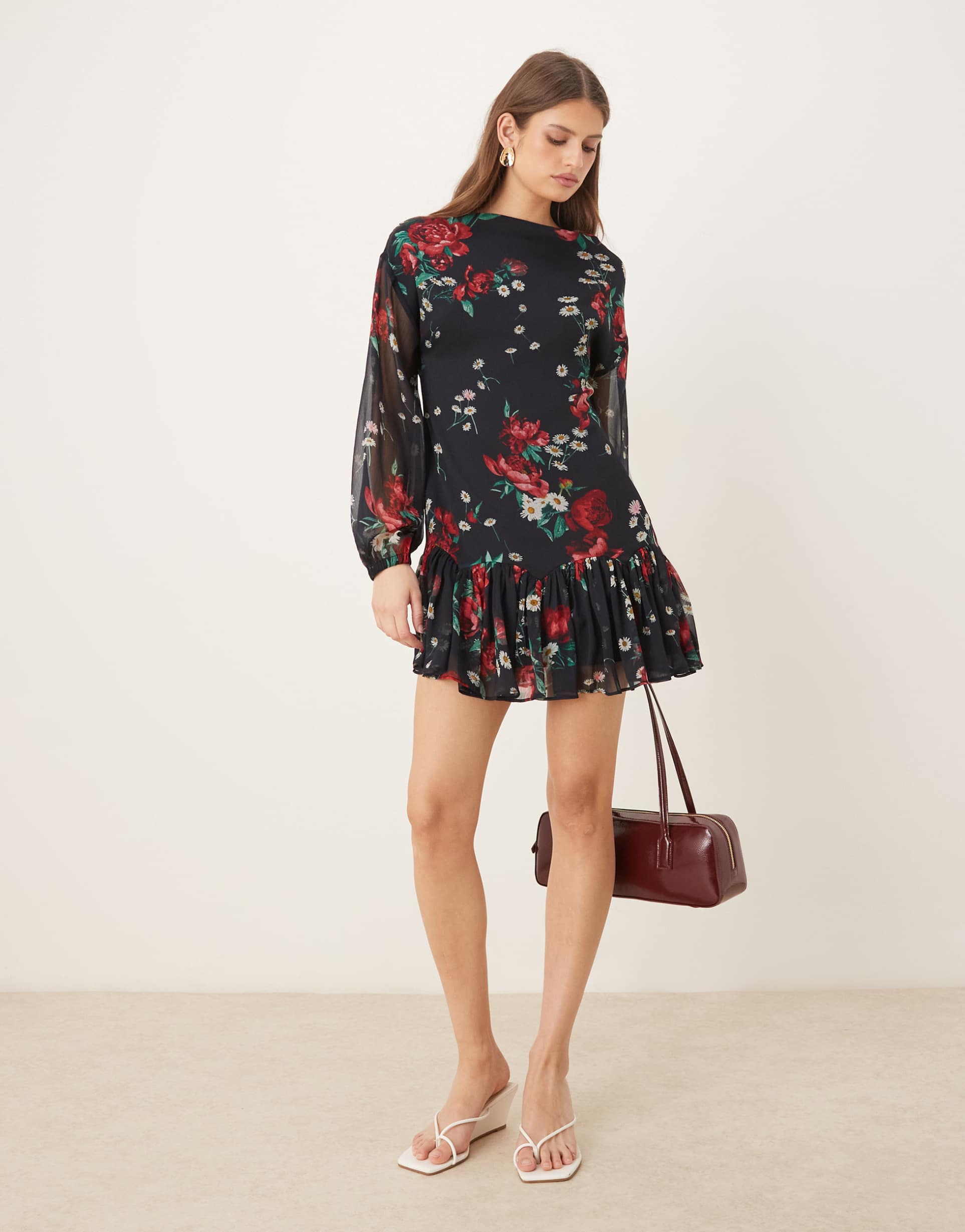 asos design slash neck chiffon godet mini dress in black red floral