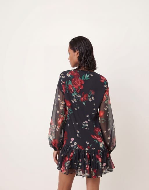 ASOS DESIGN slash neck chiffon godet mini dress in black red floral, 2 of 4