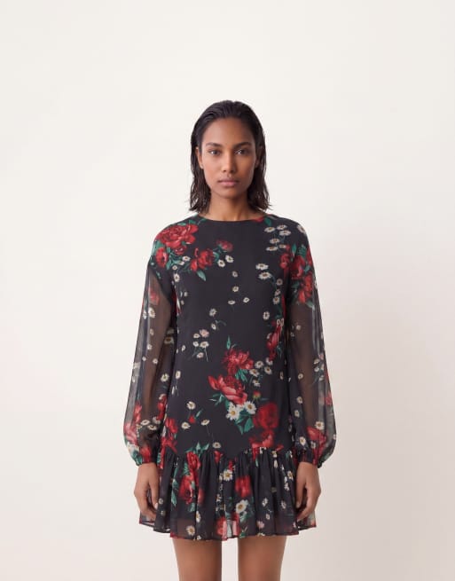 ASOS DESIGN slash neck chiffon godet mini dress in black red floral, 4 of 4