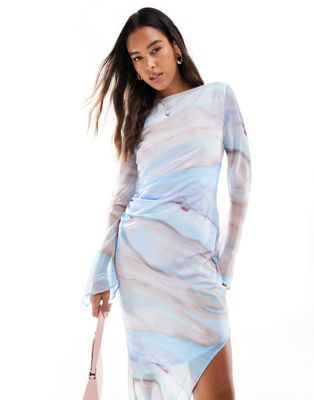 Asos Design Slash Neck Chiffon Mini Dress With Asymmetric Trailing Hem In Pastel Marble Print-multi