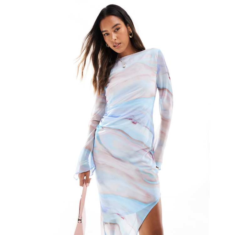 asymmetric long sleeve mini dress in blue print ASOS DESIGN slash neck chiffon with trailing hem pastel marble Mermaid dress ankle boots for a Color:Dusty_Blue Karen Kane Short Sleeve
