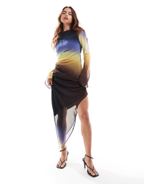 ASOS DESIGN slash neck chiffon mini dress with asymmetric trailing hem - view 1