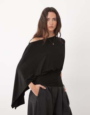Asos Design Slash Neck Cinch Waist Top With Cape One Sleeve Detail In Black
