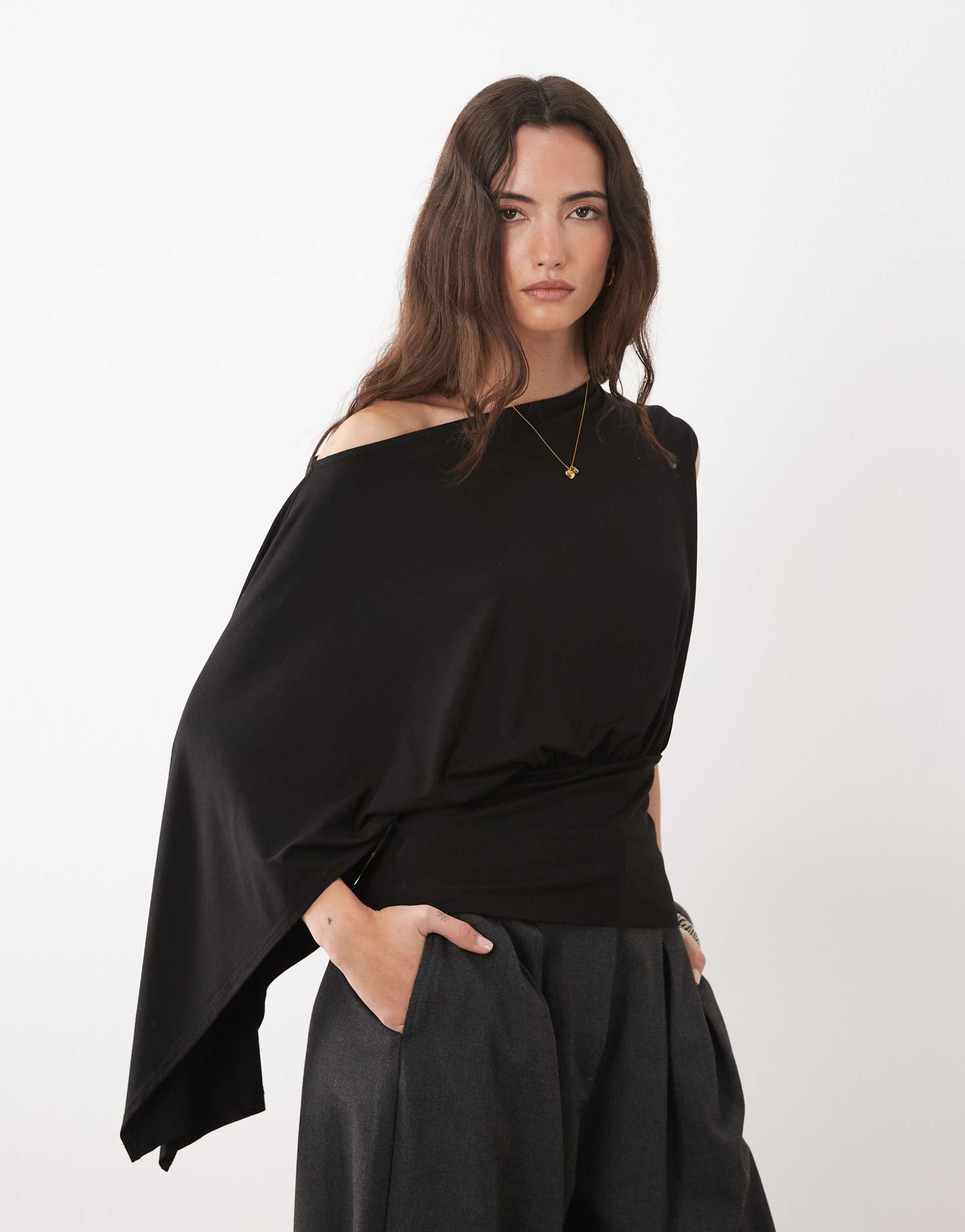 asos design slash neck cinch waist top with cape one sleeve detail in black