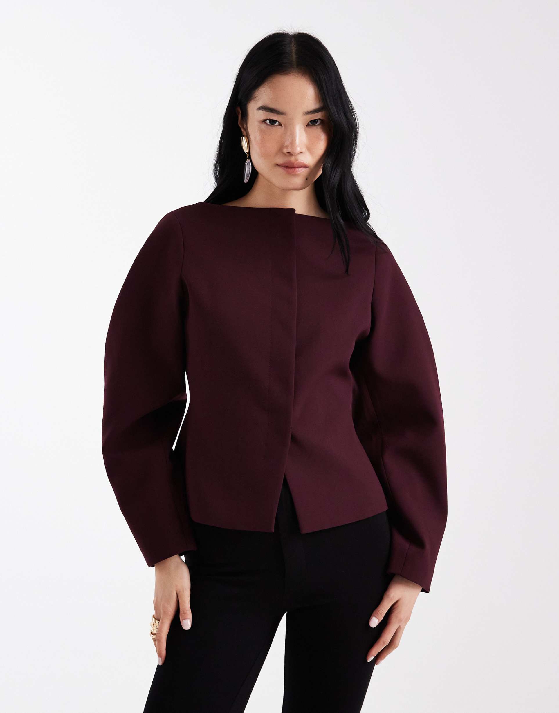asos design slash neck cocoon blazer in burgundy