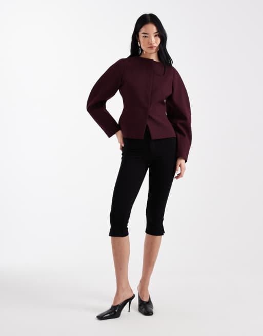 ASOS DESIGN slash neck cocoon blazer in burgundy, 2 of 4