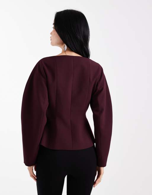 ASOS DESIGN slash neck cocoon blazer in burgundy, 4 of 4