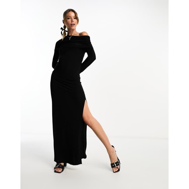 ASOS DESIGN slash neck cold shoulder maxi dress with ruching detail in black