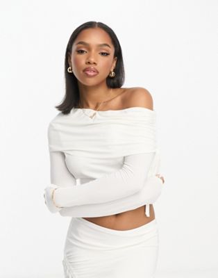 ASOS DESIGN slash neck cold shoulder top co ord with ruching detail in ivory-White