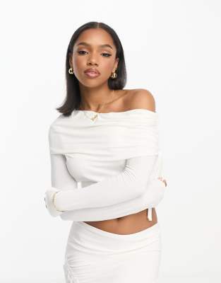 ASOS DESIGN slash neck cold shoulder top co ord with ruching detail in ivory