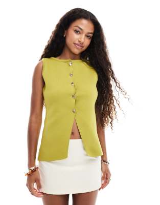 ASOS DESIGN slash neck compact knit vest with gold tone buttons in olive 5390₽