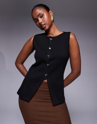 ASOS DESIGN ASOS DESIGN slash neck compact knit waistcoat with gold buttons in black
