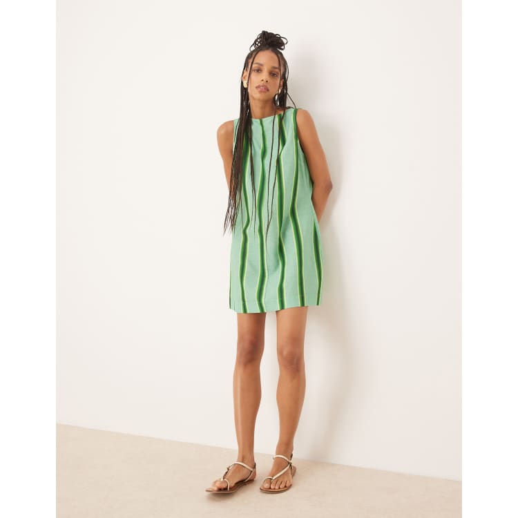 ASOS DESIGN slash neck cotton linen look mini shift dress in green stripe |  ASOS
