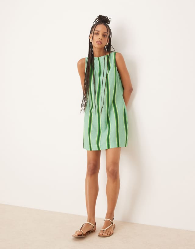 ASOS DESIGN slash neck cotton linen look mini shift dress in green stripe