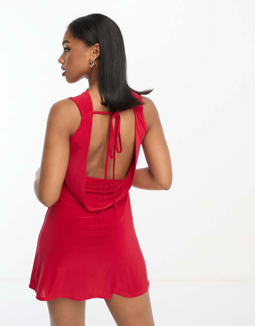 ZARA Satin Camisole Cowl Neck Halter Mini Dress Red M