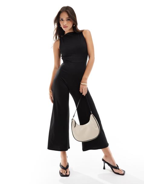 ASOS DESIGN slash neck culotte jumpsuit with open tie back in black - view 1