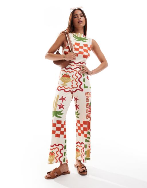 ASOS DESIGN slash neck culotte jumpsuit with open tie back in postcard  print | ASOS