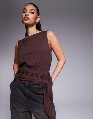 Asos Design Slash Neck Cupro Top With Tie Side In Brown