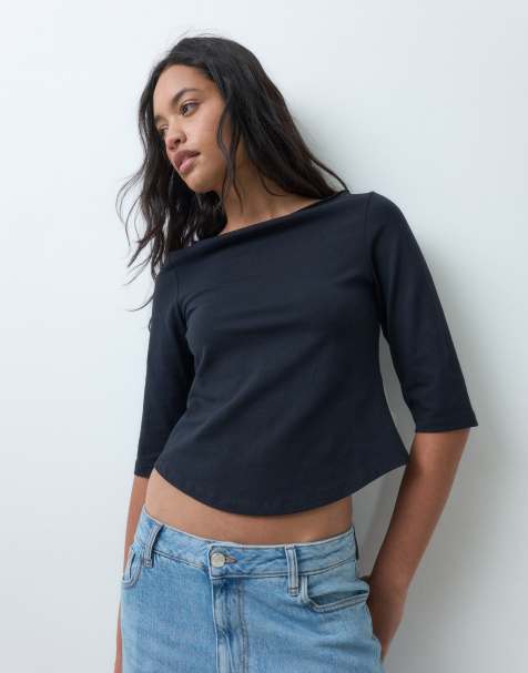 ASOS DESIGN slash neck curved hem 3/4 sleeve top in black - view 1