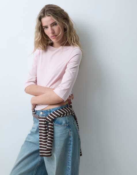 ASOS DESIGN slash neck curved hem 3/4 sleeve top in Pink - view 1