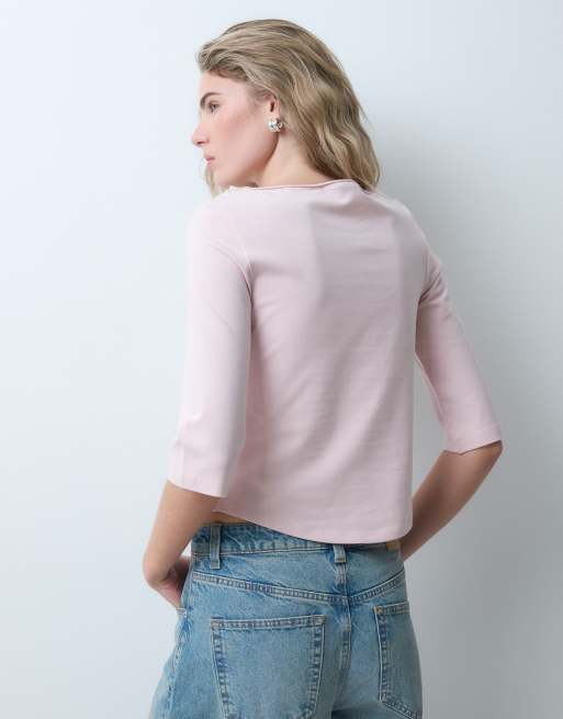 ASOS DESIGN slash neck curved hem 3/4 sleeve top in Pink, 4 of 5