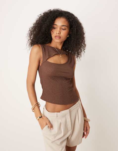 ASOS DESIGN slash neck cut out tank top with pearlized button detail in brown - view 1