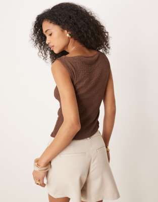 Asos Design Slash Neck Cut Out Tank Top With Pearlized Button Detail In Brown