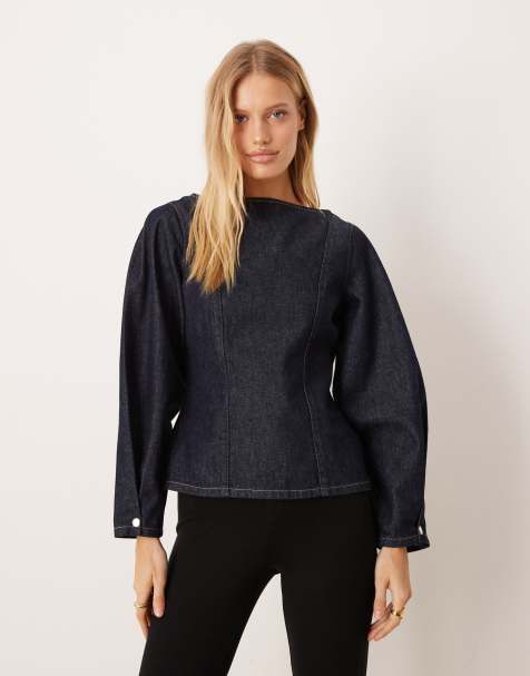 ASOS DESIGN slash neck denim blouse with cocoon sleeves in indigo - view 1