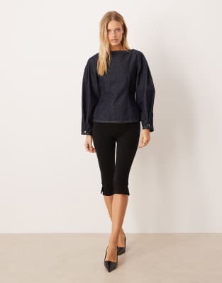 Asos Design Slash Neck Denim Blouse With Cocoon Sleeves In Black