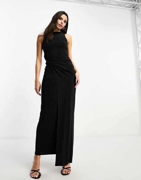 ASOS DESIGN high neck maxi dress with wrap waist and fluted sleeves in  dusky blue