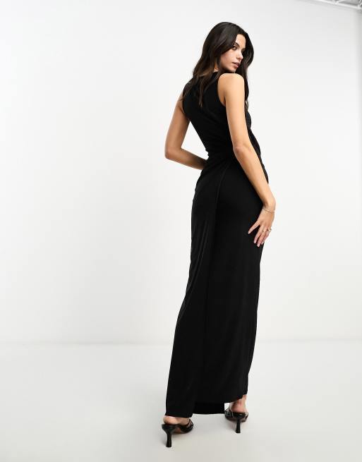 ASOS DESIGN slash neck drape detail maxi dress in black, 4 of 4