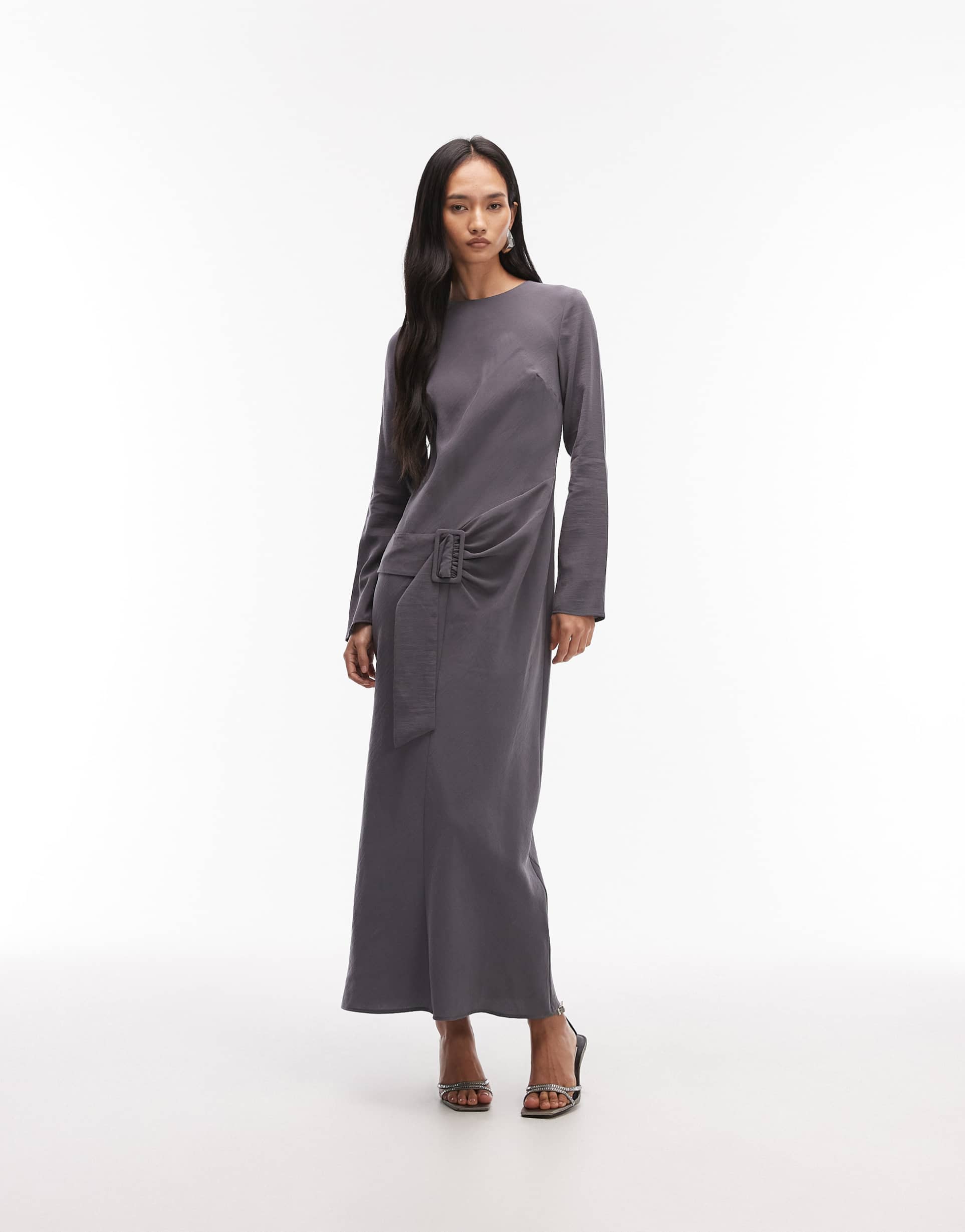 asos design slash neck drop waist belted maxi dress in charcoal gray