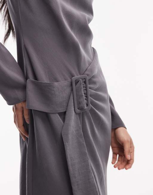 ASOS DESIGN slash neck drop waist belted maxi dress in charcoal gray, 3 of 4