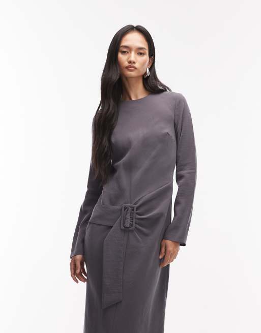 ASOS DESIGN slash neck drop waist belted maxi dress in charcoal grey, 2 of 4